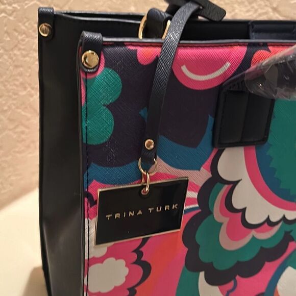 Trina Turk Floral Cloud Tote Top Handle Satchel Bag Blue Pink Bold Maximalist - Picture 11 of 16